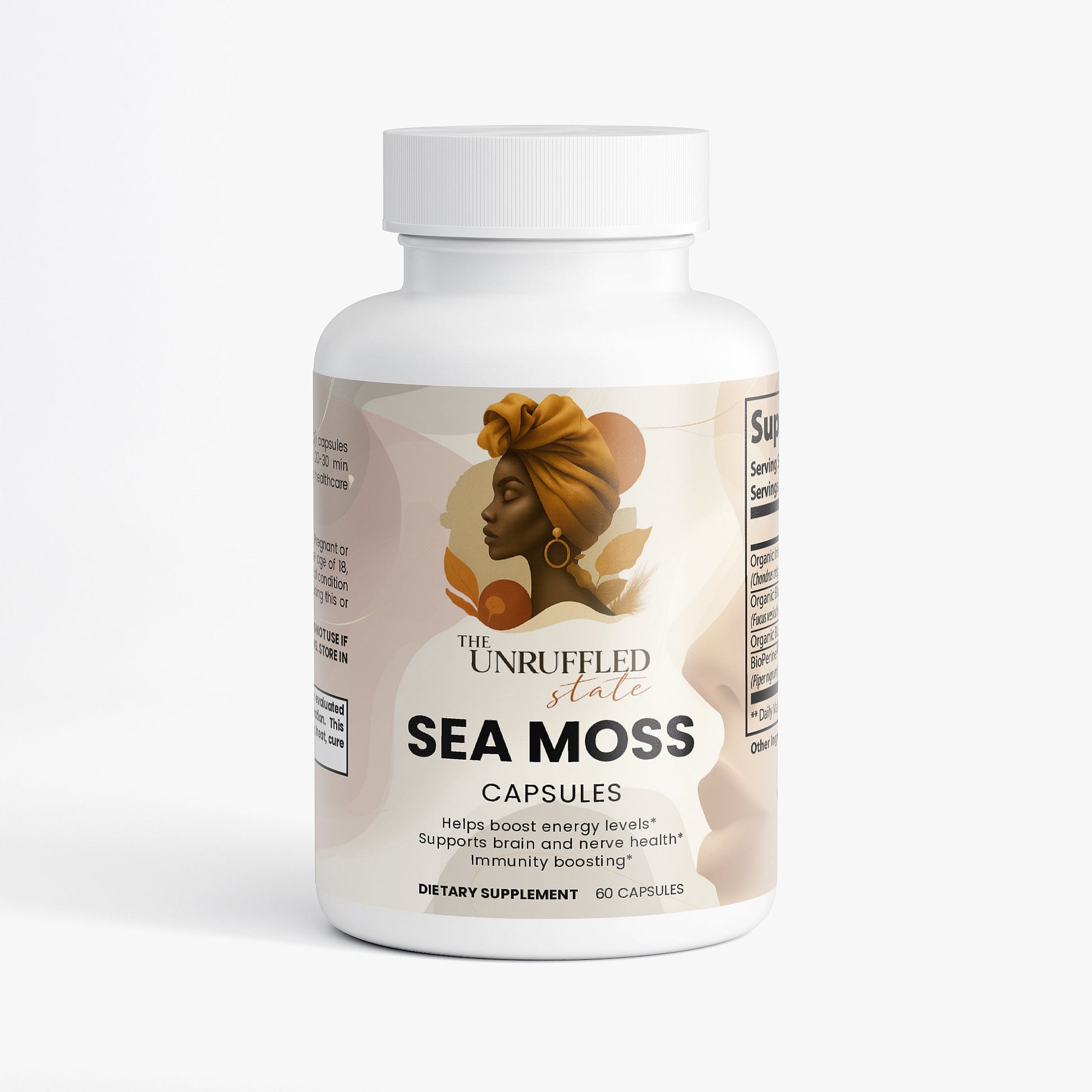 A white bottle labeled "Sea Moss" by The Unruffled State, featuring a headwrap illustration; this supplement promotes energy, brain, nerve, and immunity support with organic bladderwrack; contains 60 capsules.