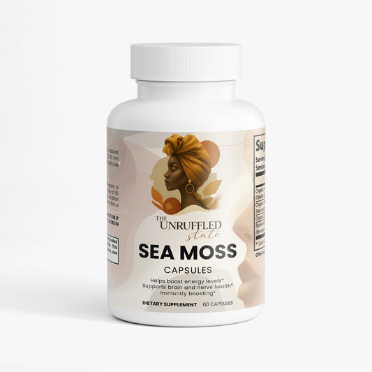 A white bottle labeled "Sea Moss" by The Unruffled State, featuring a headwrap illustration; this supplement promotes energy, brain, nerve, and immunity support with organic bladderwrack; contains 60 capsules.
