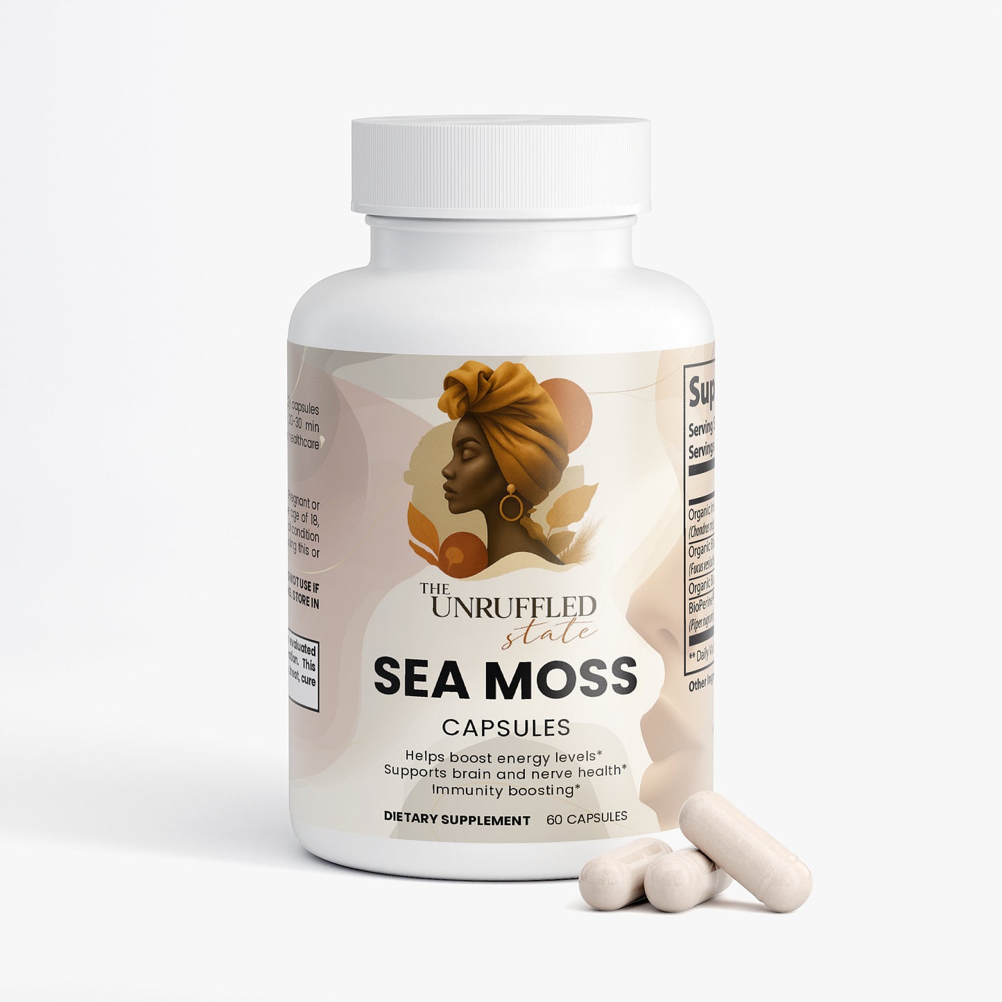 A bottle of The Unruffled State Sea Moss with three capsules beside it. The label highlights energy, brain, nerve, and immune support from this sea moss supplement with organic bladderwrack and burdock root.
