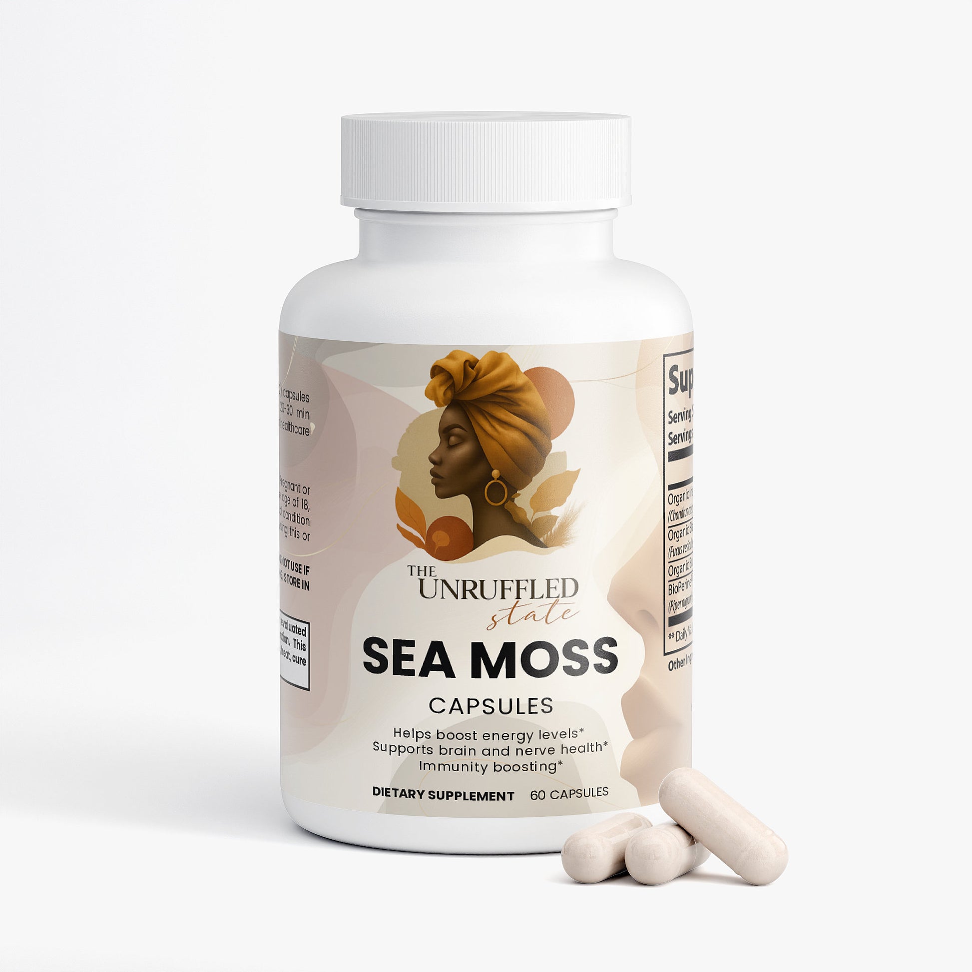 A bottle of The Unruffled State Sea Moss with three capsules beside it. The label highlights energy, brain, nerve, and immune support from this sea moss supplement with organic bladderwrack and burdock root.