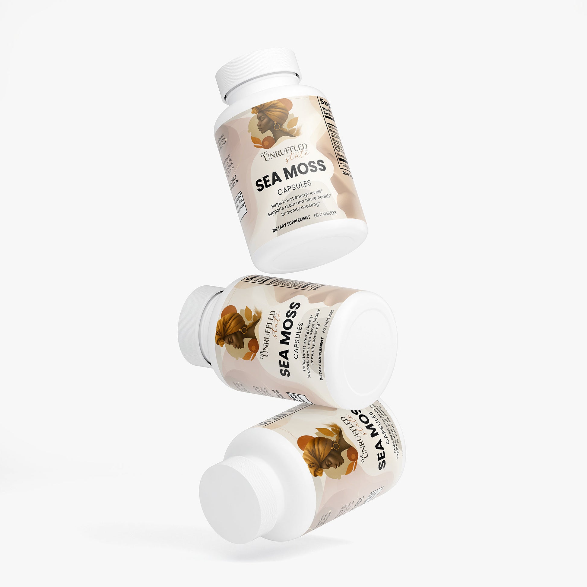 Three bottles of The Unruffled State Sea Moss supplement capsules, featuring organic bladderwrack and burdock root, float against a plain white background.