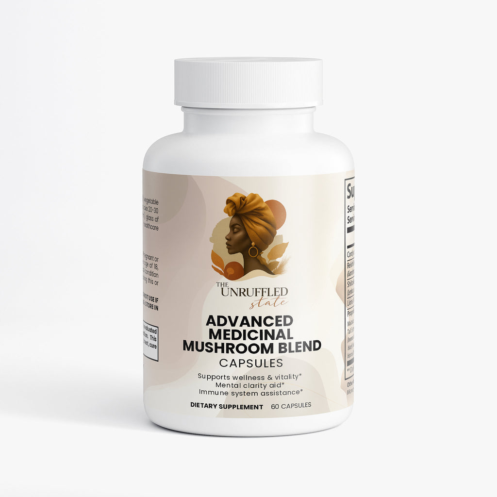 A white bottle of The Unruffled State's Advanced Medicinal Mushroom Blend contains 60 capsules, offering immune support with a potent adaptogenic mushroom formula.