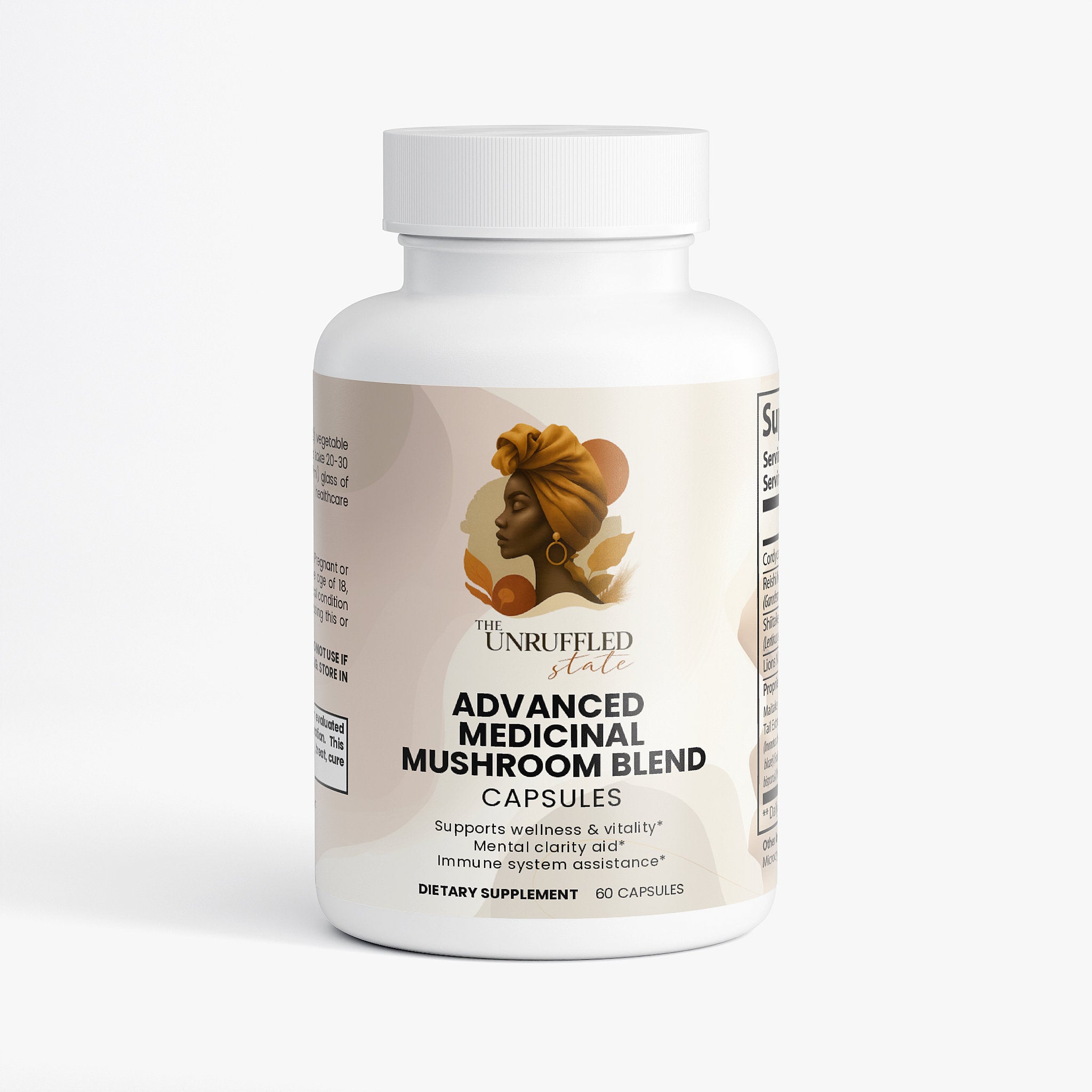 A white bottle of The Unruffled State's Advanced Medicinal Mushroom Blend contains 60 capsules, offering immune support with a potent adaptogenic mushroom formula.