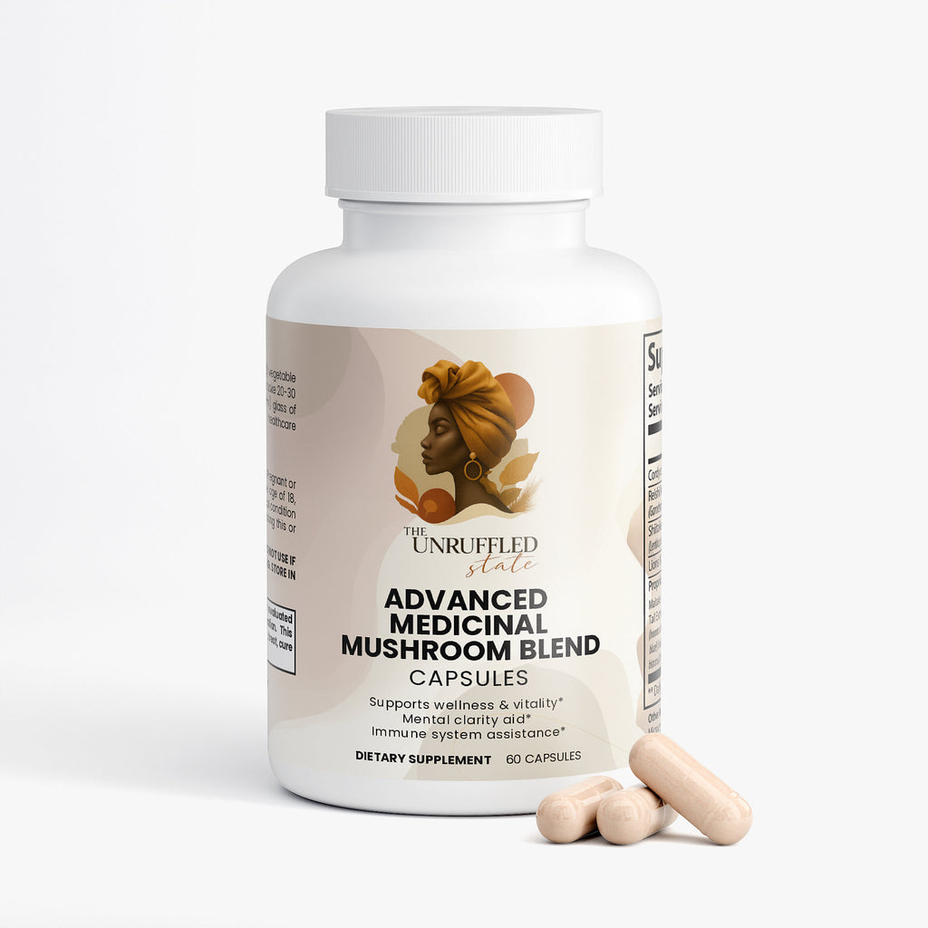 A white bottle labeled "Advanced Medicinal Mushroom Blend" by The Unruffled State sits beside three beige capsules, featuring a woman's profile in a headwrap—ideal for daily immune support from adaptogenic mushrooms.