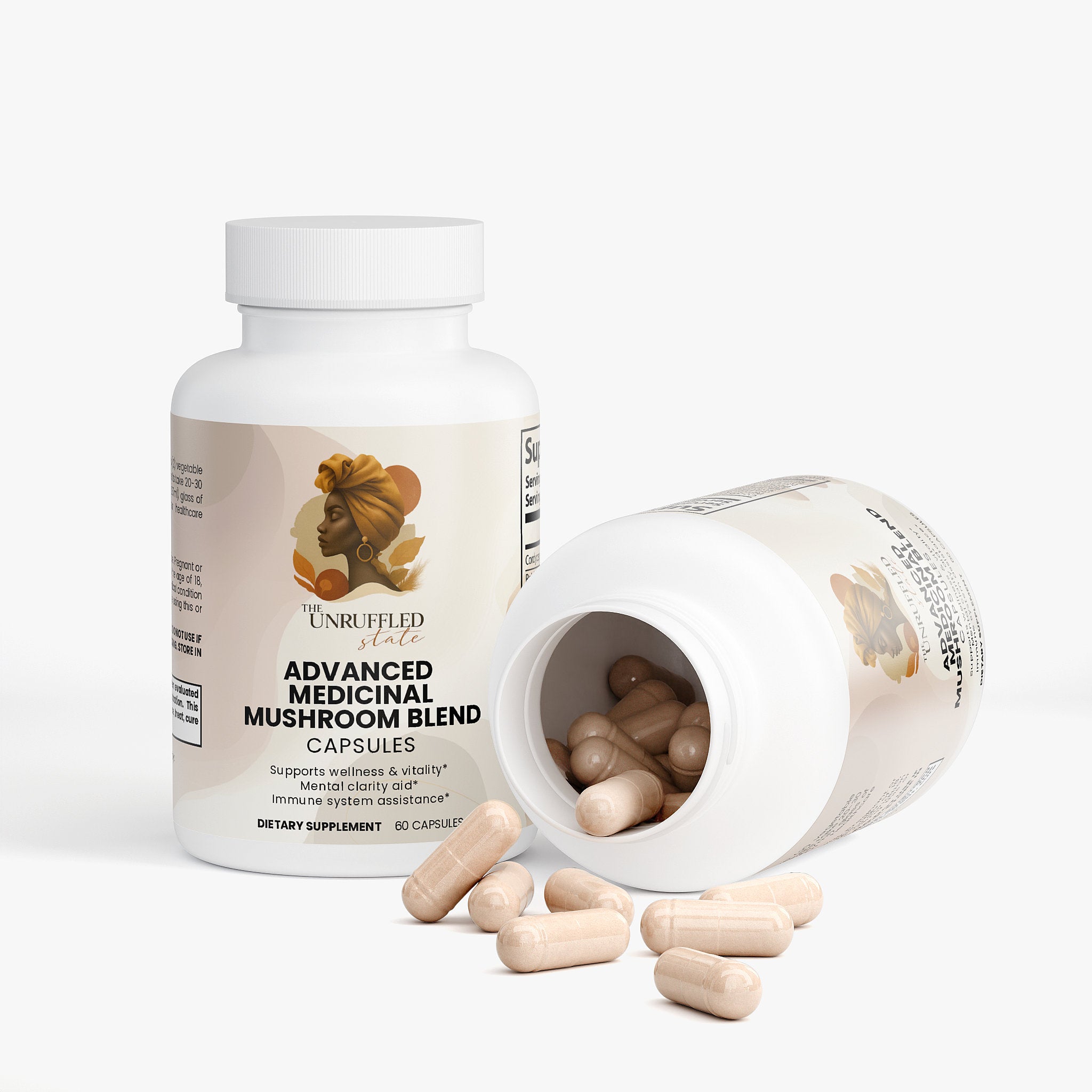 Two bottles of The Unruffled State's Advanced Medicinal Mushroom Blend—one upright and closed, the other tipped over with capsules spilling out—highlight this potent adaptogenic formula for daily immune support.