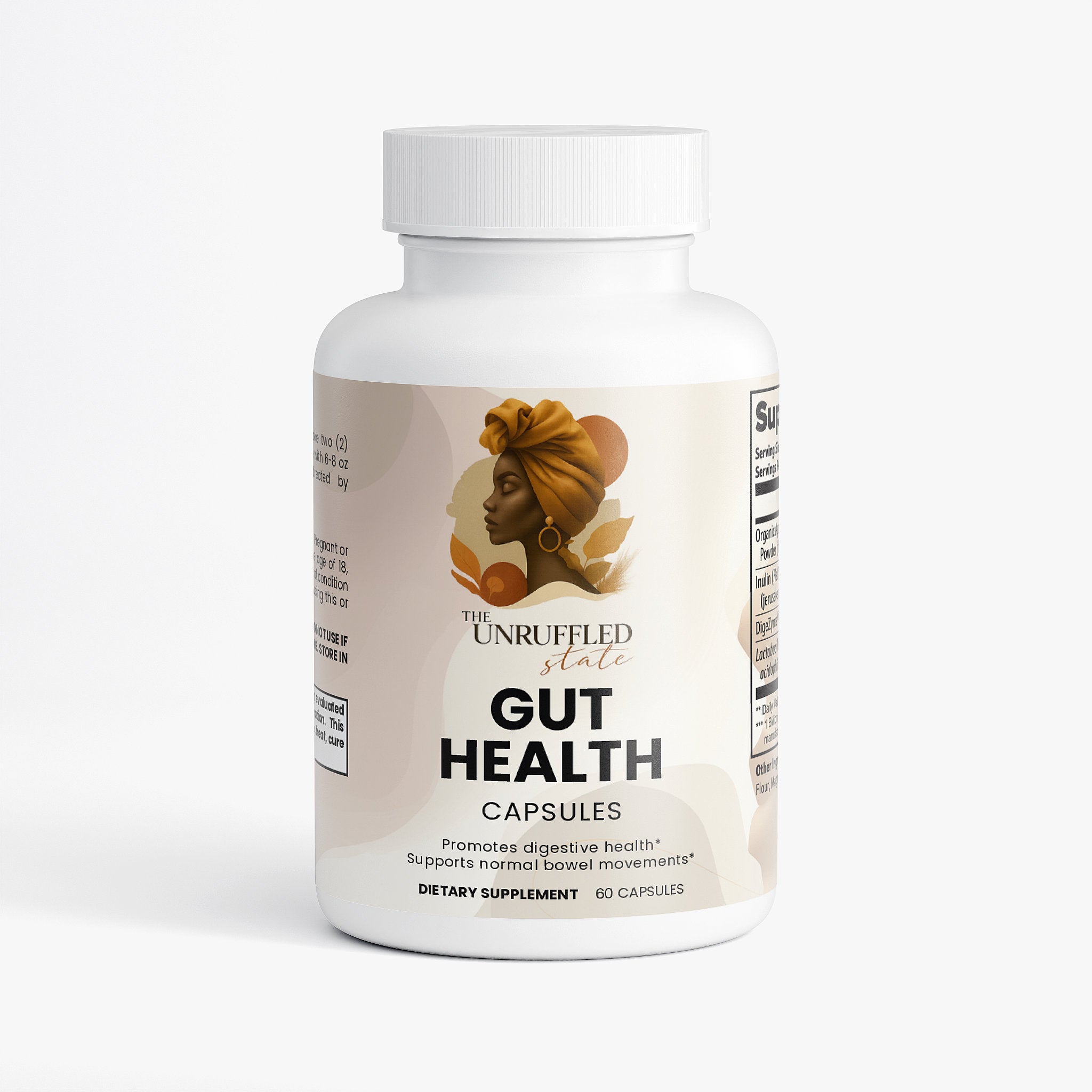 A white bottle labeled "Gut Health" by The Unruffled State, featuring an illustration of a woman; contains 60 capsules to support digestion and normal bowel movements for optimal gut health.