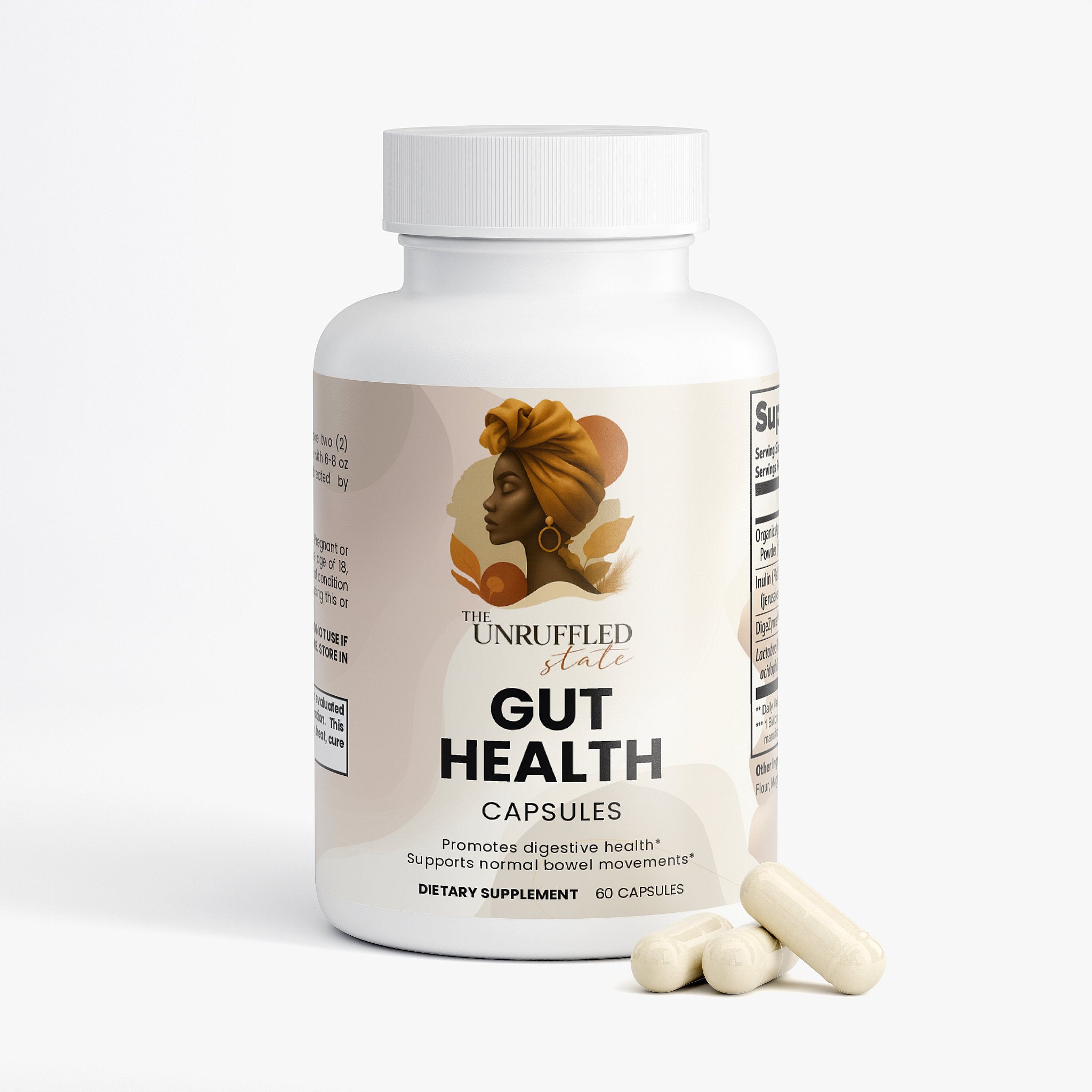 A white bottle of The Unruffled State Gut Health sits beside three capsules, featuring a woman's profile illustration and emphasizing digestive support on a plain white background.