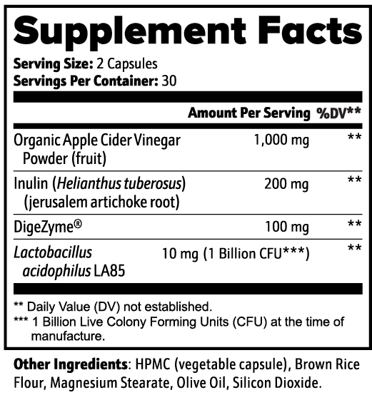 The Unruffled State Gut Health Supplement Facts label displays serving size, servings per container, and ingredients like apple cider vinegar powder, inulin, DigeZyme®, probiotics for digestive support, plus additional ingredients.