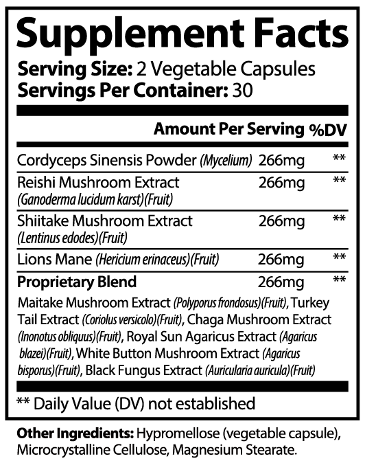 The Unruffled State Advanced Medicinal Mushroom Blend Supplement Facts label lists a 2-capsule serving size with adaptogenic mushrooms and a proprietary medicinal mushroom blend for immune support, with amounts per serving detailed.